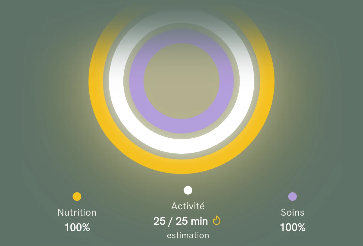 Les trois anneaux d’harmonie de l’accueil, tous fermés, dans un halo doré : Nutrition 100 %, Activité 25 / 25 min, Soins 100 %.