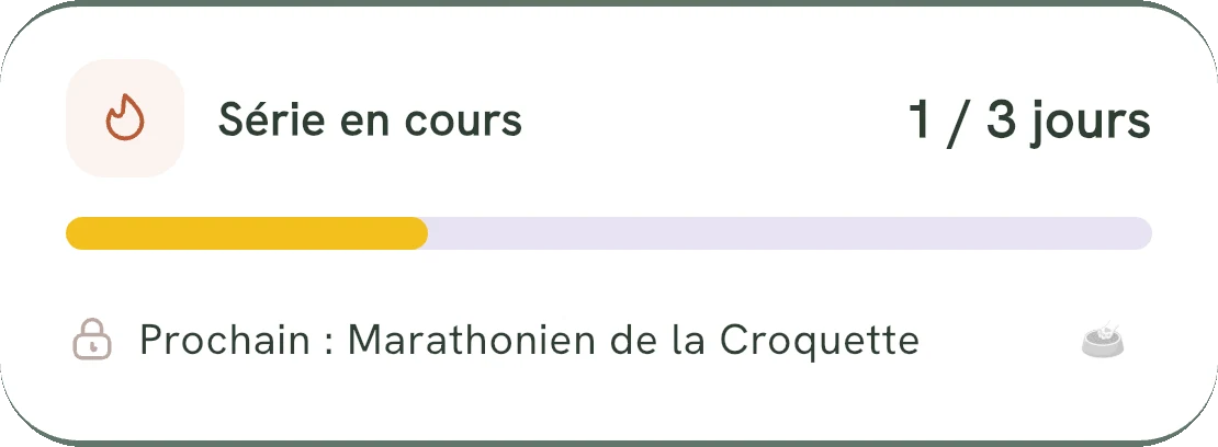 Carte « Série en cours » de l’accueil : 1 / 3 jours, jauge dorée, et « Prochain : Marathonien de la Croquette ».